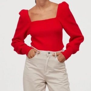 H&M Red Square Neck Wool Blend Puff Sleeve Sweater